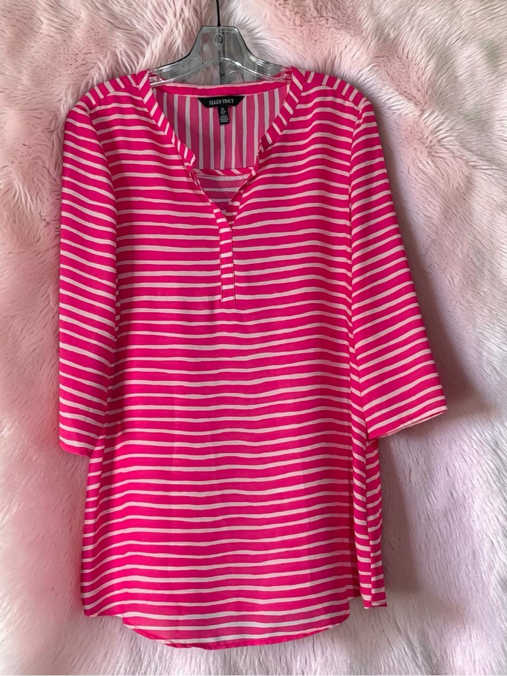 Ellen Tracy Sheer Hot Pink and White Striped Tunic Size Large